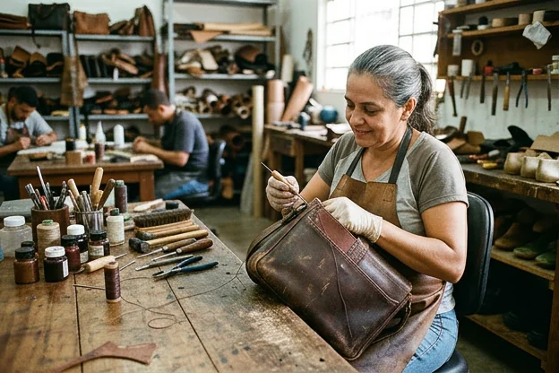 Bolsa de couro sendo reformada em Goiânia, foco em detalhes de trabalho.