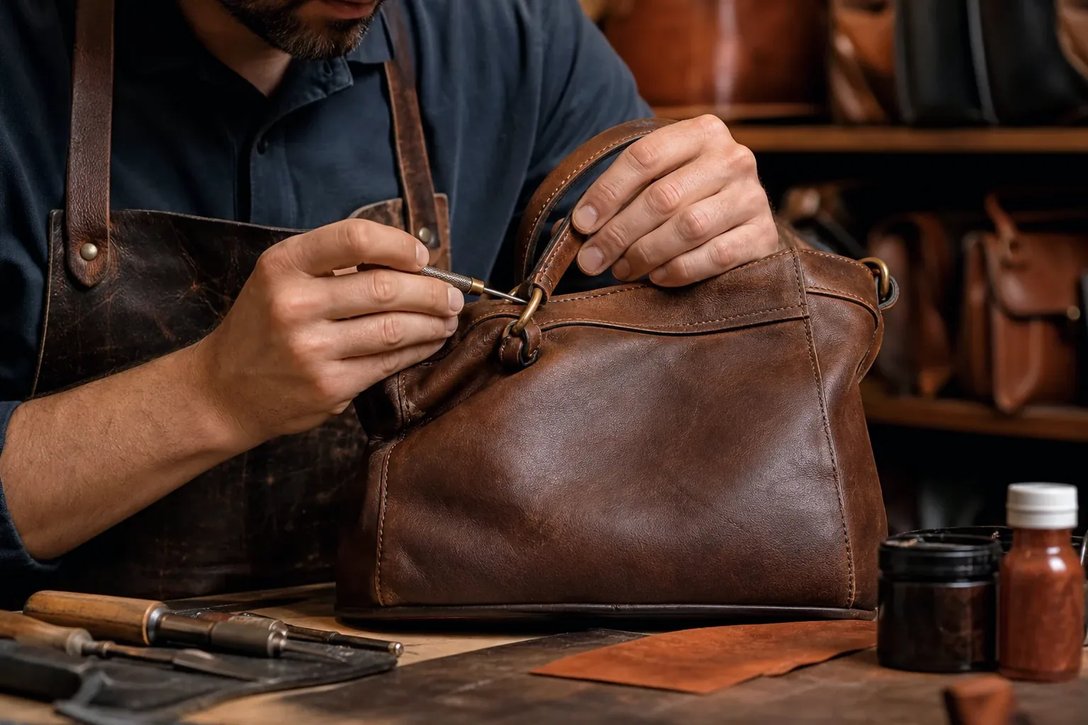 Sapateiro reformando bolsas de couro em Goiânia.