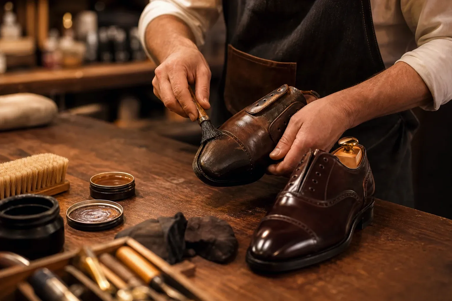 Sapateiro reformando sapatos sociais em Goiânia.